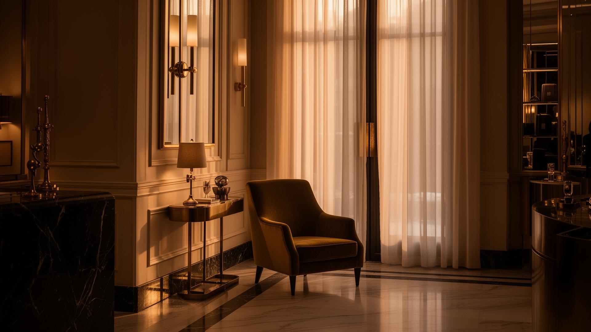 Editorial interior of a luxury boutique hotel lobby at golden hour